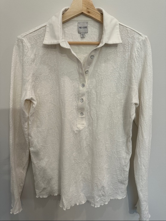 NIC+ZOE Tops - NIC+ZOE Ivory Lace-Textured Long Sleeve Polo
